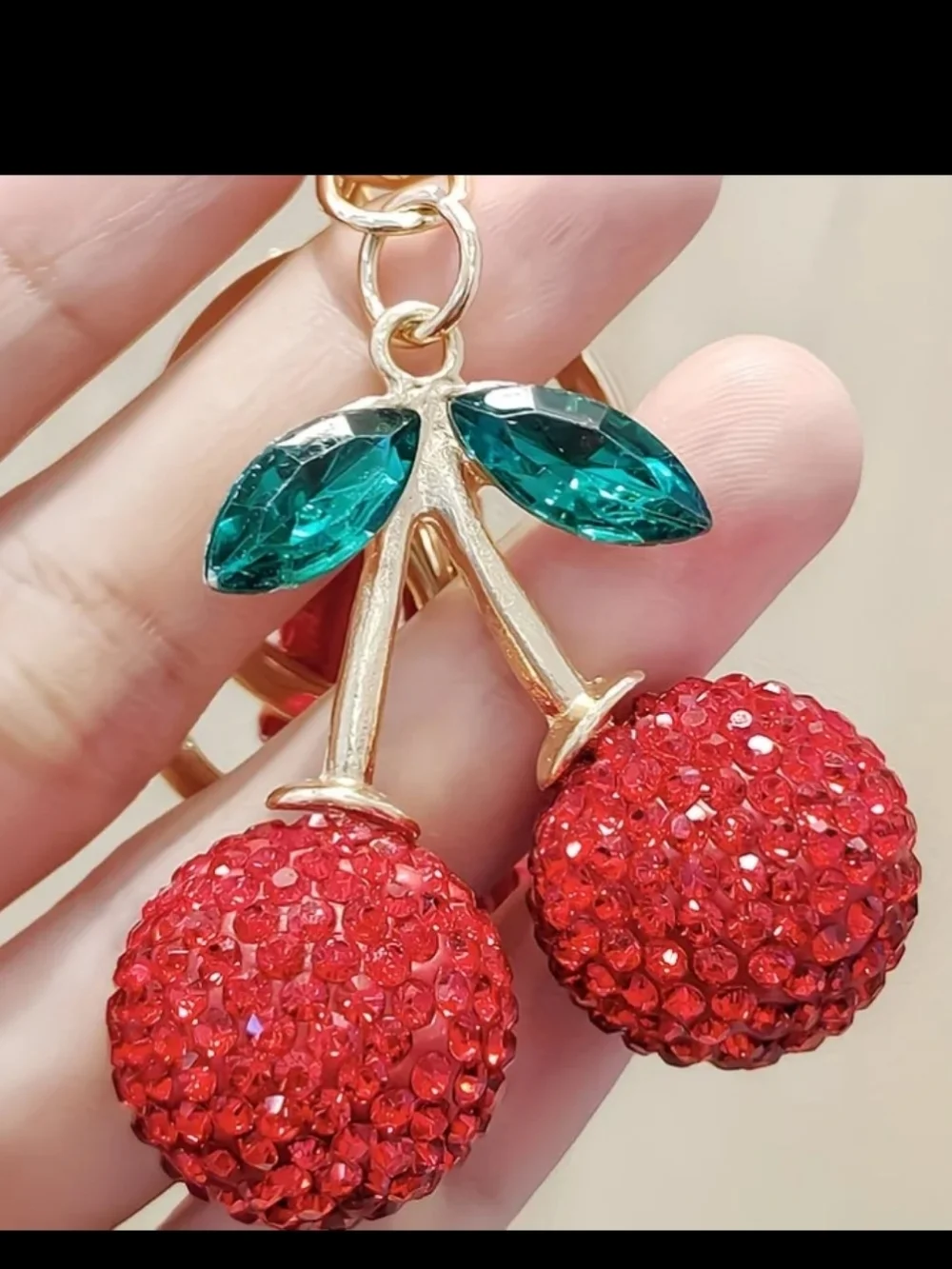 Cherry Crystal Keychain with Red Braided Strap Rhinestones and Gold Hardware